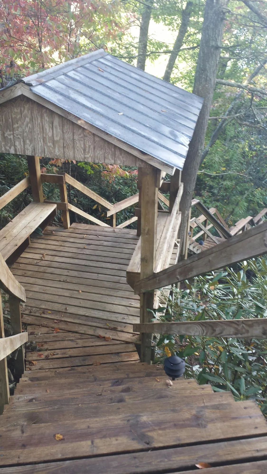 Metal roofed shelter over wooden steps on a wooded walkway — Skylight Repair & Installation work by our crew in Diamondhead